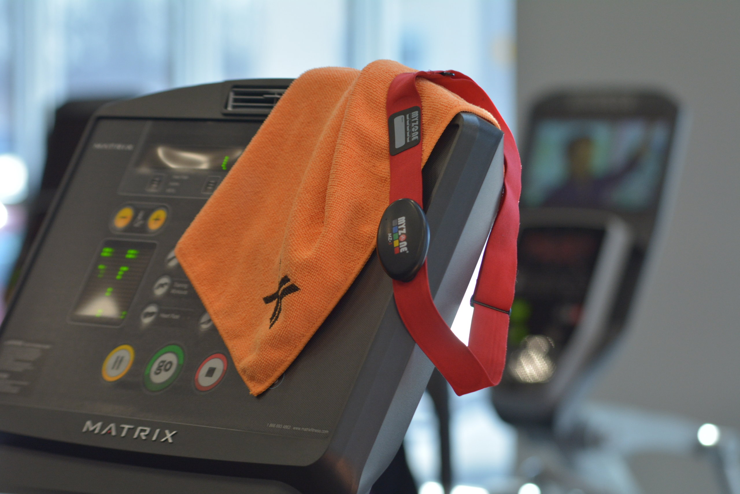 towel and myzone belt on treadmill