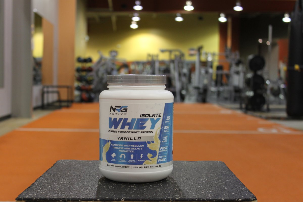 NRG whey proetin isolate container in a gym