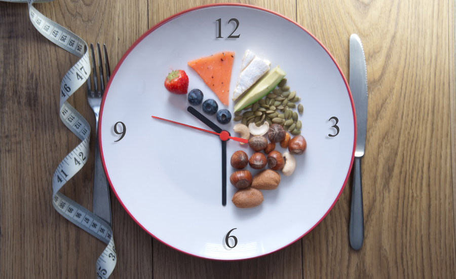 Plate with food on it and clock hands.